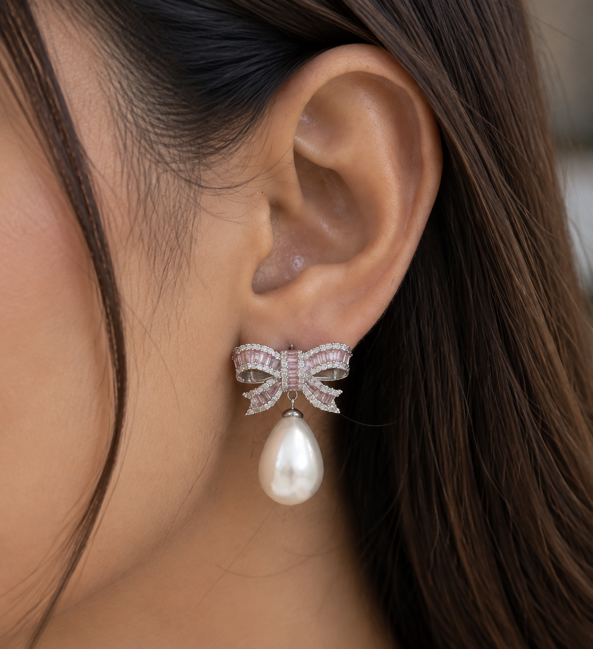 Blush Bow Pearl Drop Earrings
