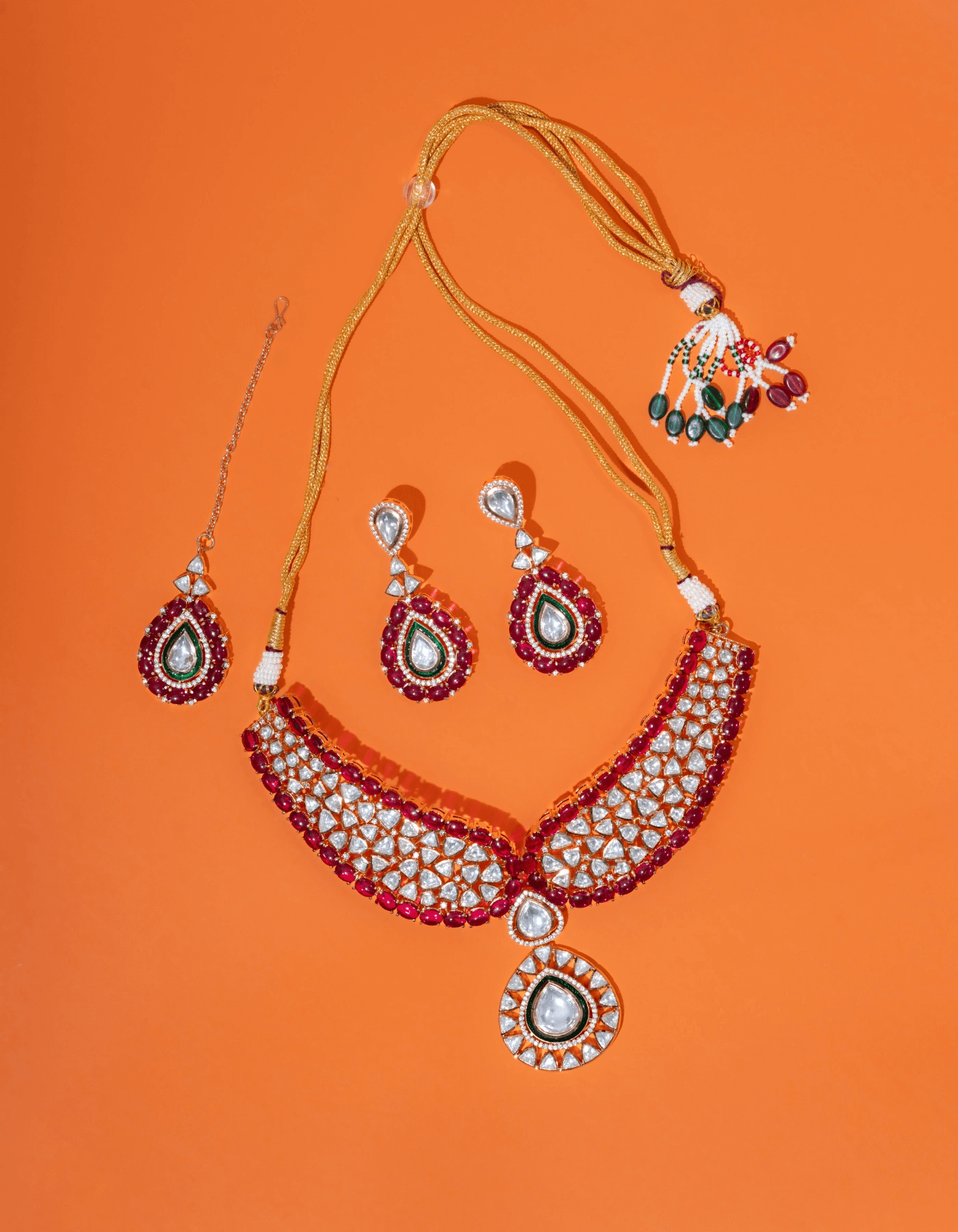 RED BACKSETTING FAUX POLKI NECKLACE WITH EARRINGS