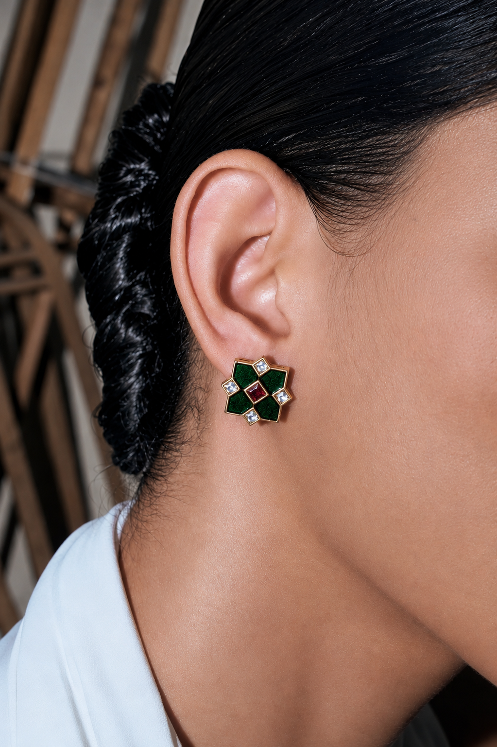 Leher Green Polki Meenakari Studs