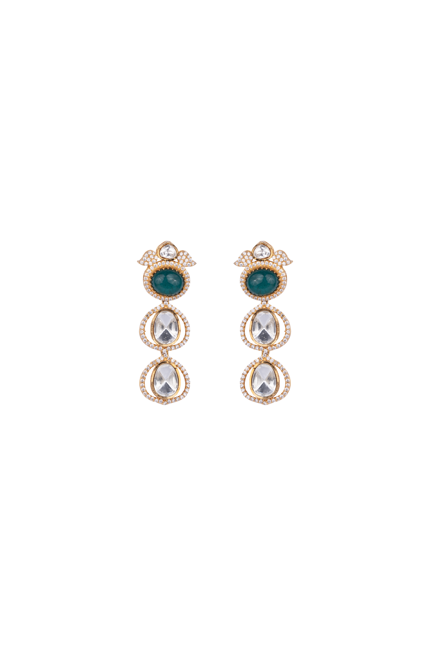 AWARA GREEN AND WHITE POLKI EARRINGS WITH SEMI-PRECIOUS STONE WITH BASRA MOTI