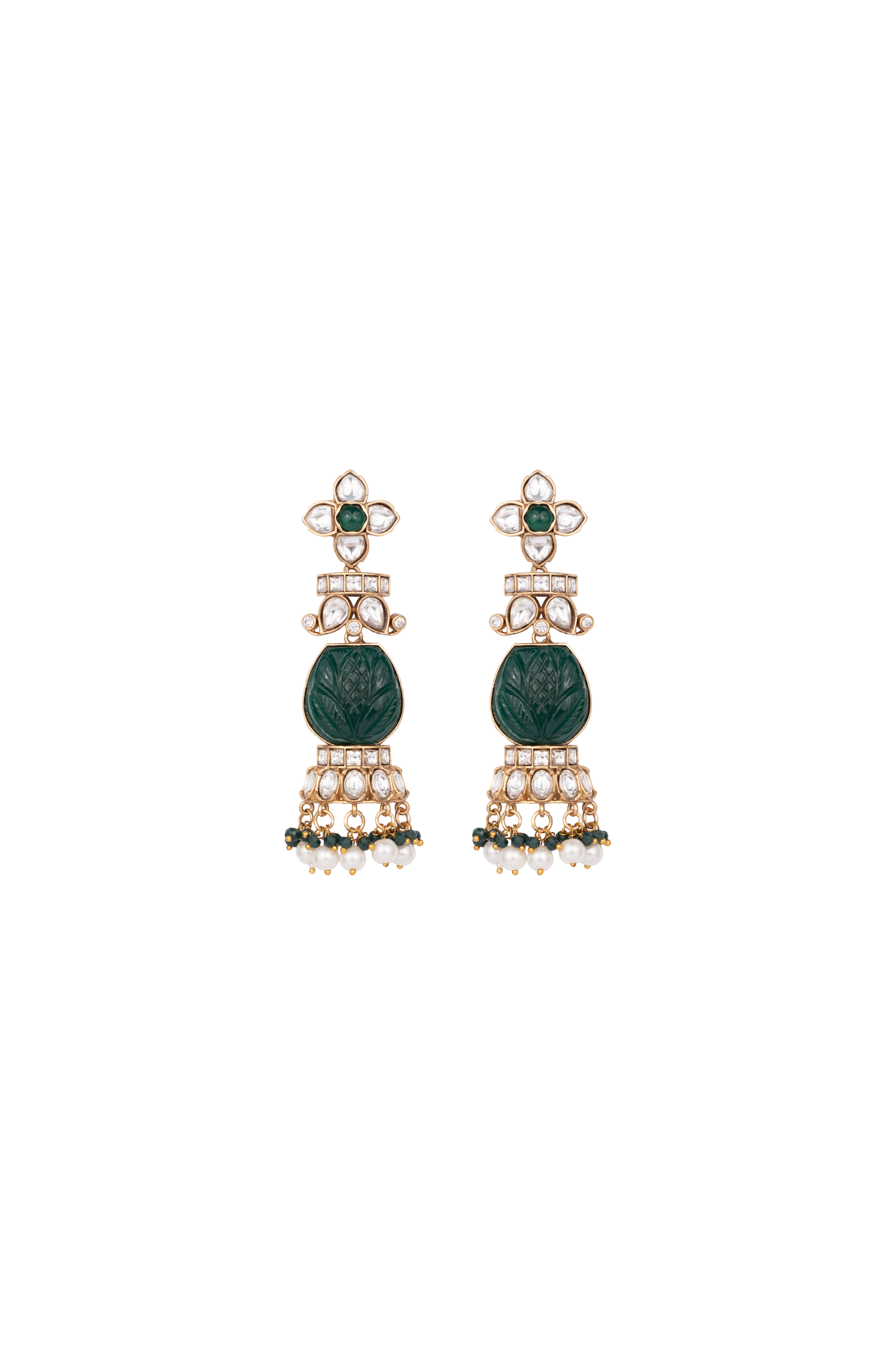 DIYA DARK GREEN LONG POLKI EARRINGS WITH SEMI-PRECIOUS STONE WITH BASRA MOTI