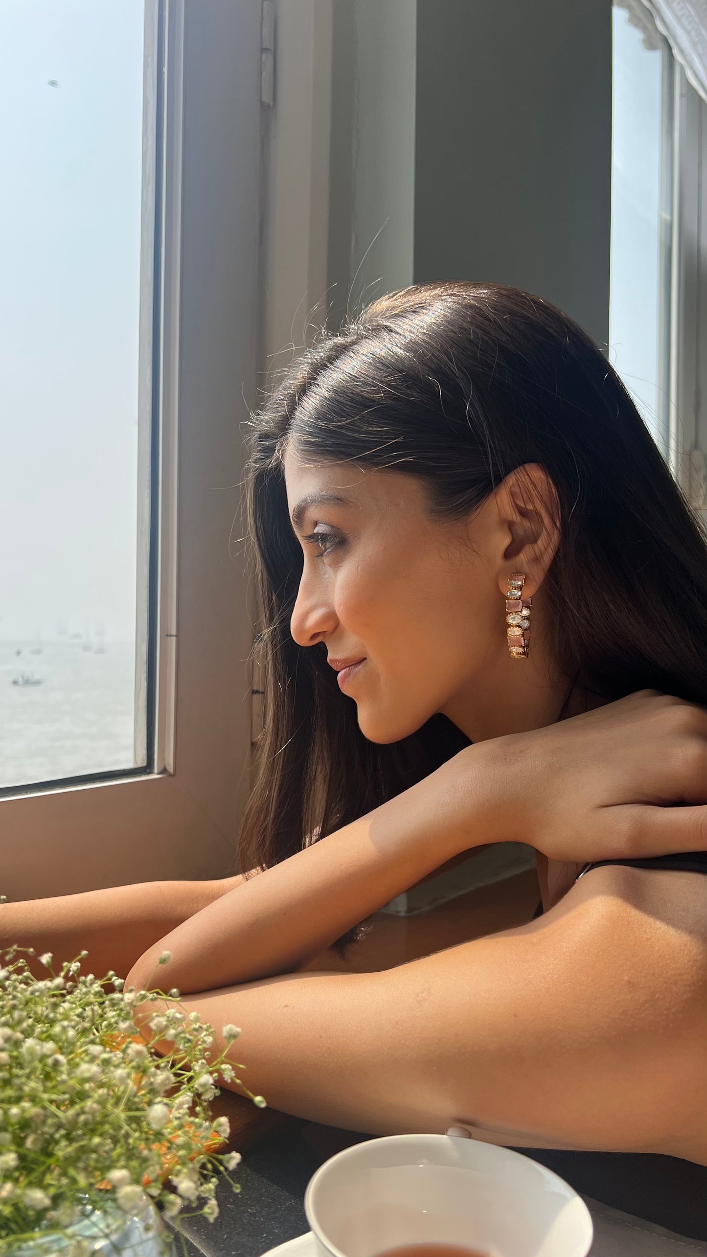 Arpita Pink Square Semi Precious Stone Hoop Earrings