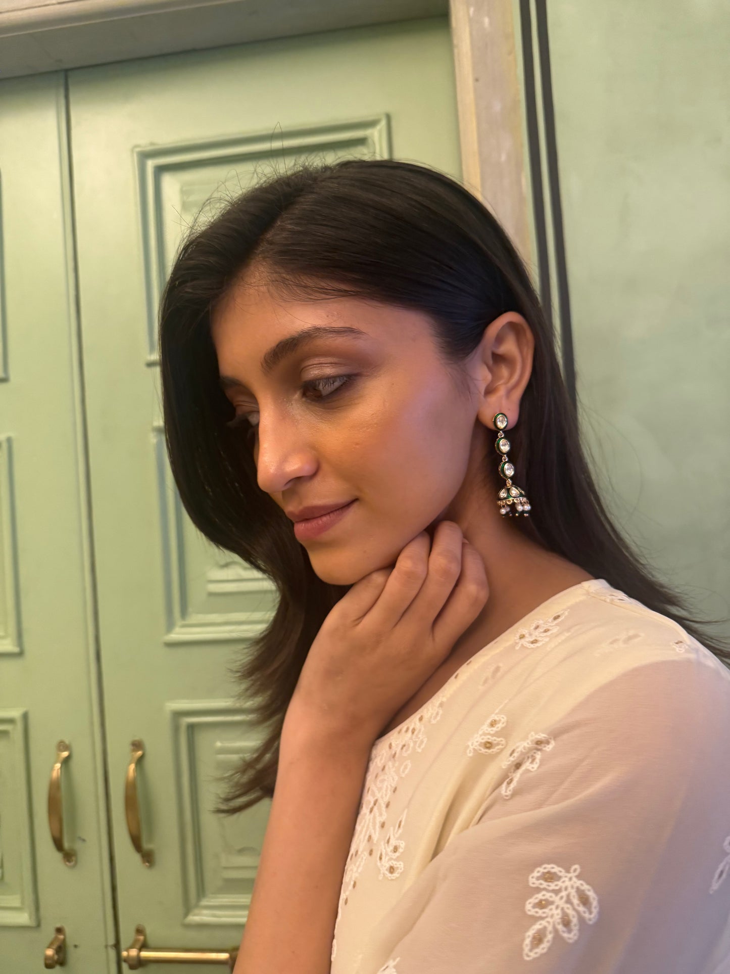 AAVYA GREEN SP POLKI BASAR PEARL EARRINGS