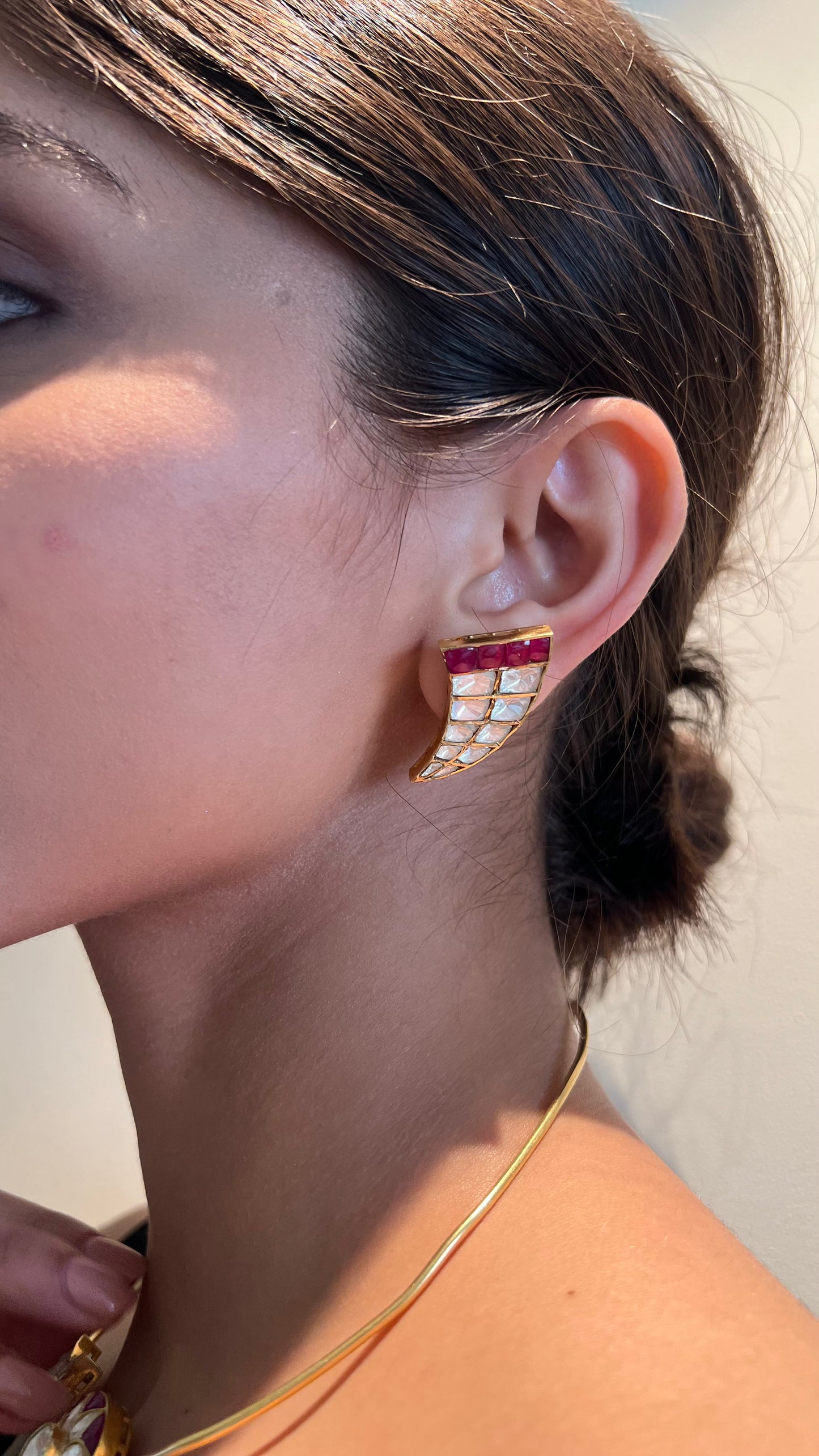 ADRIKA TUSK RED POLKI SILVER EARRINGS