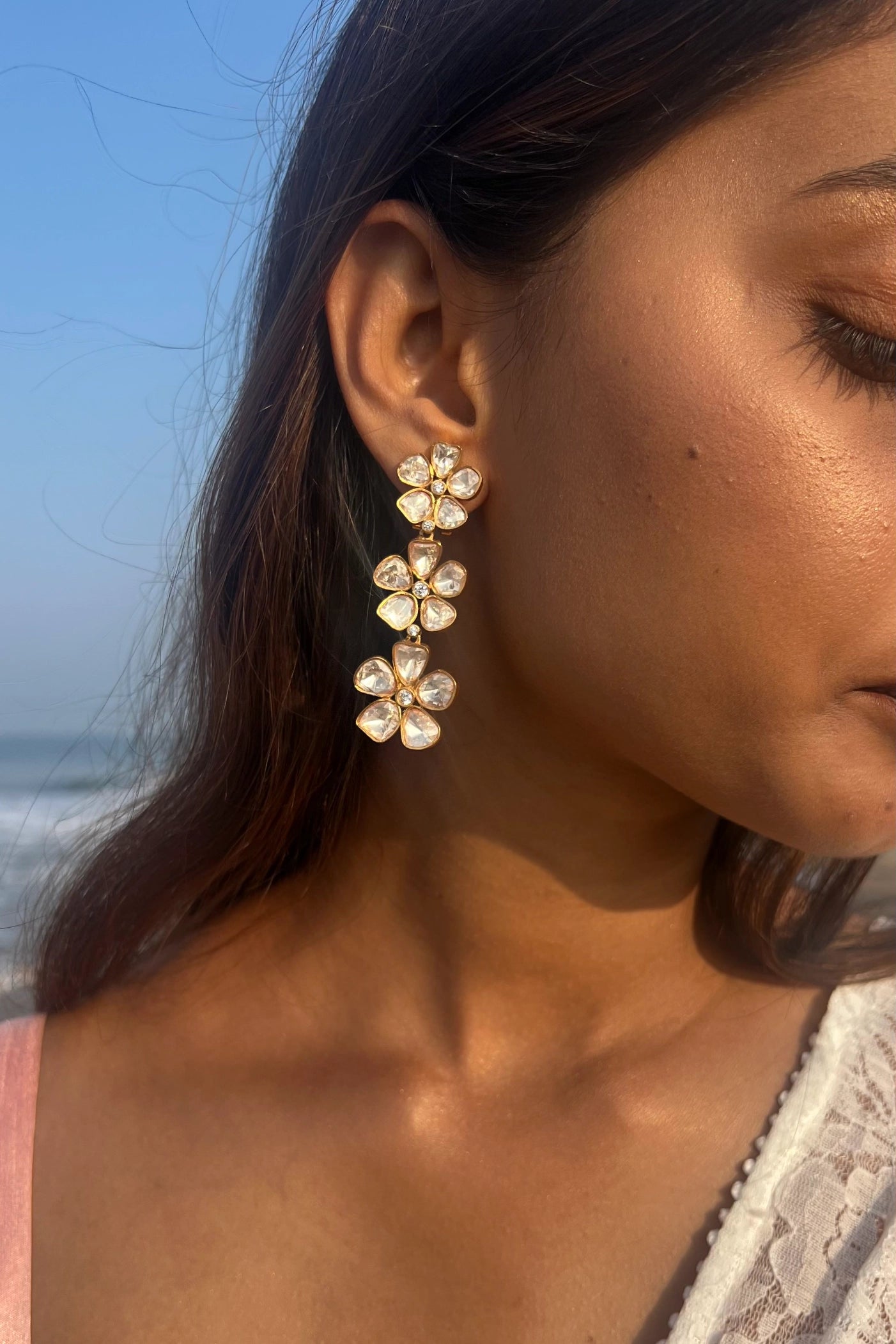 Anika White Polki Earrings With Semi-precious Stone With Basra Moti
