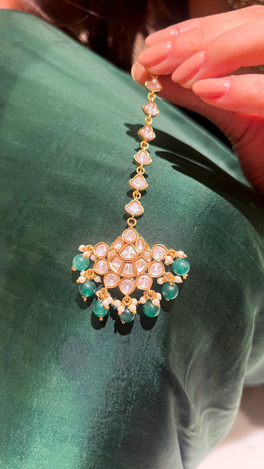 KRISHA Green SP Stone Jadau Polki Maang Tikka