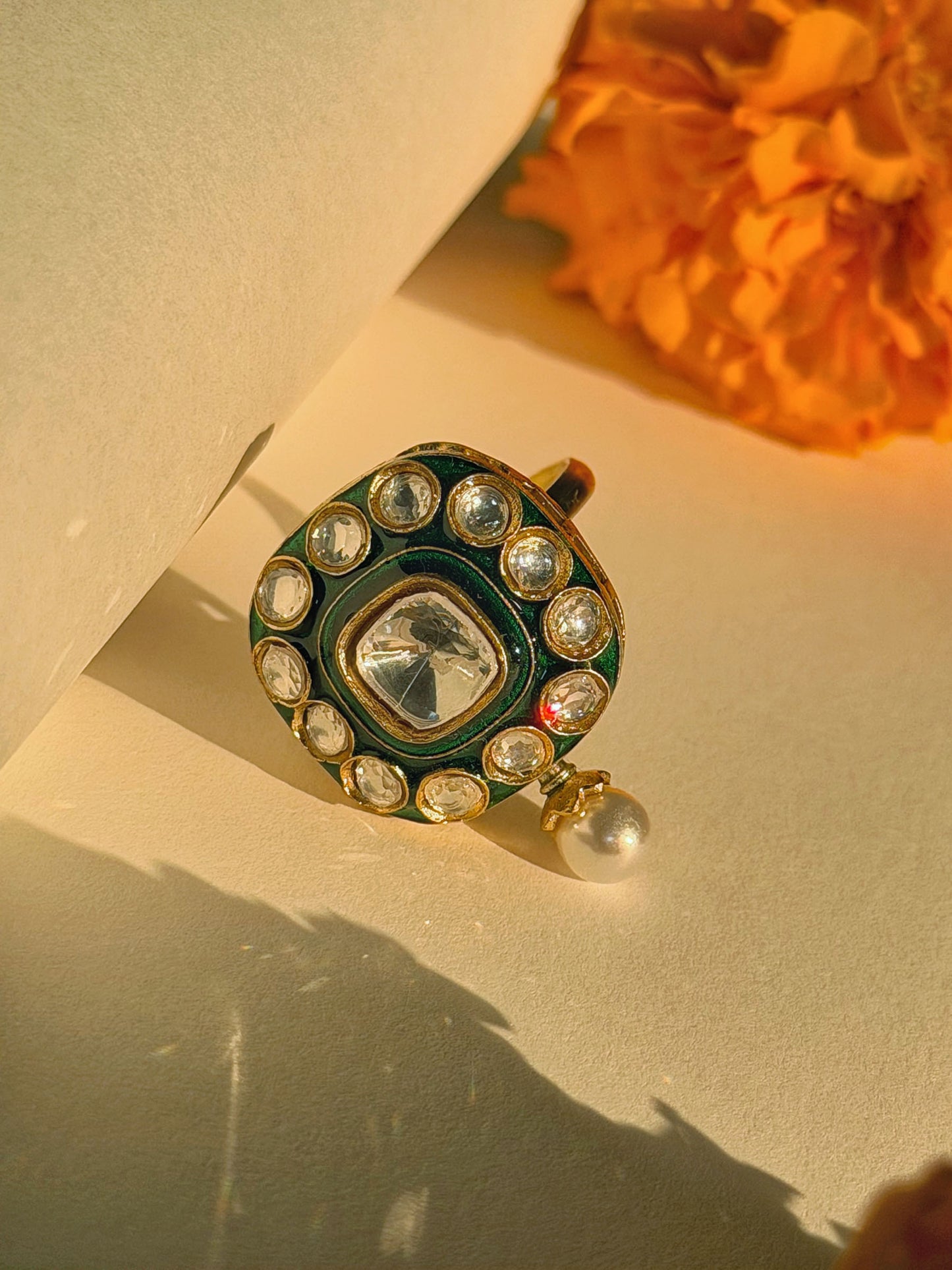 KHUSHBOO POLKI ENAMEL RING WITH PEARL DROP