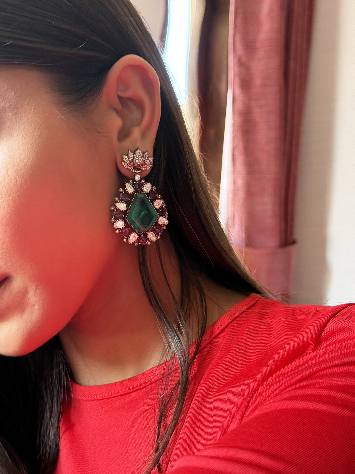 Maanavi Emerald Teardrop Multicolour SP Polki Earrings