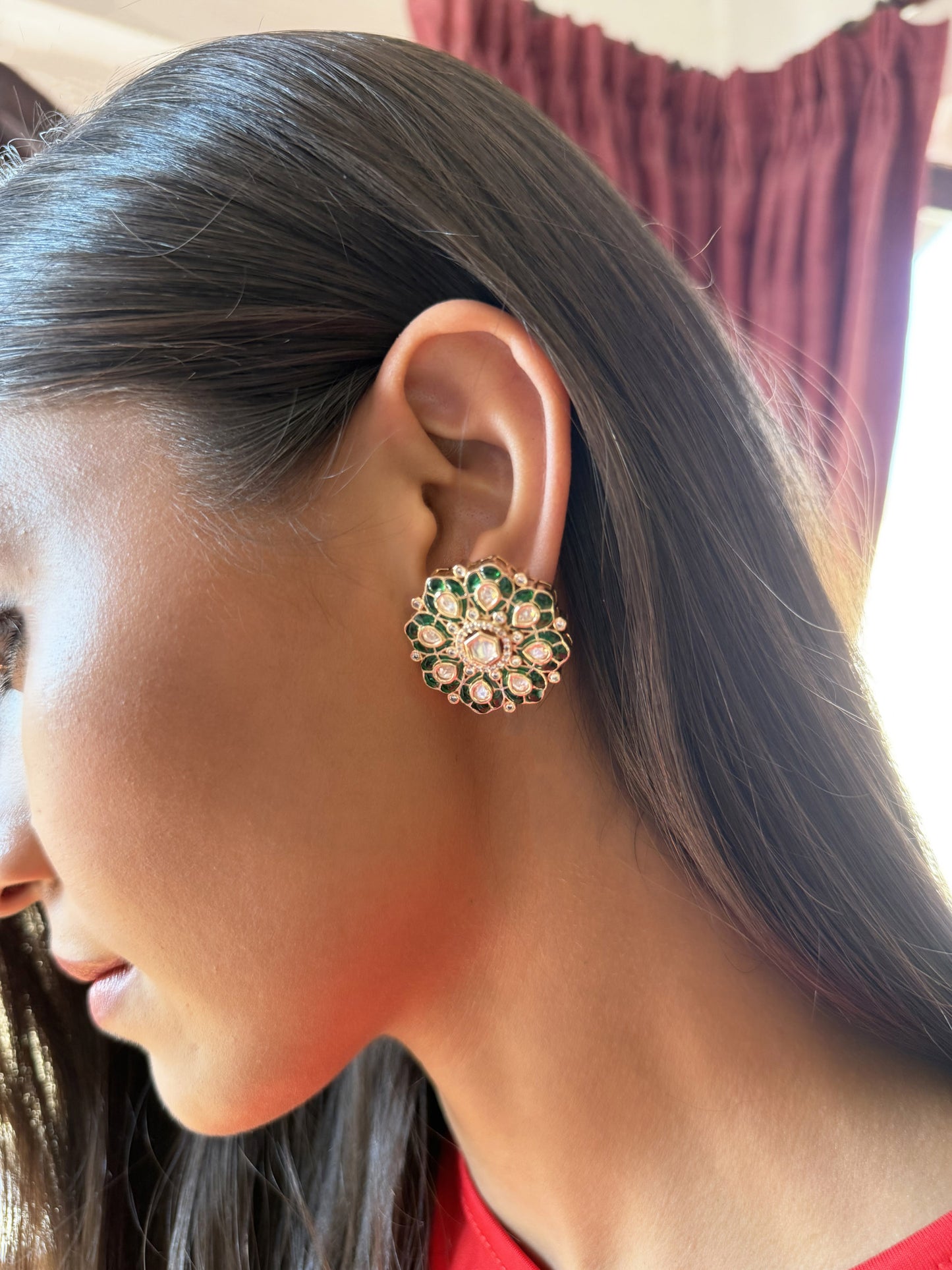 Bhamini Green Floral SP Polki Earrings