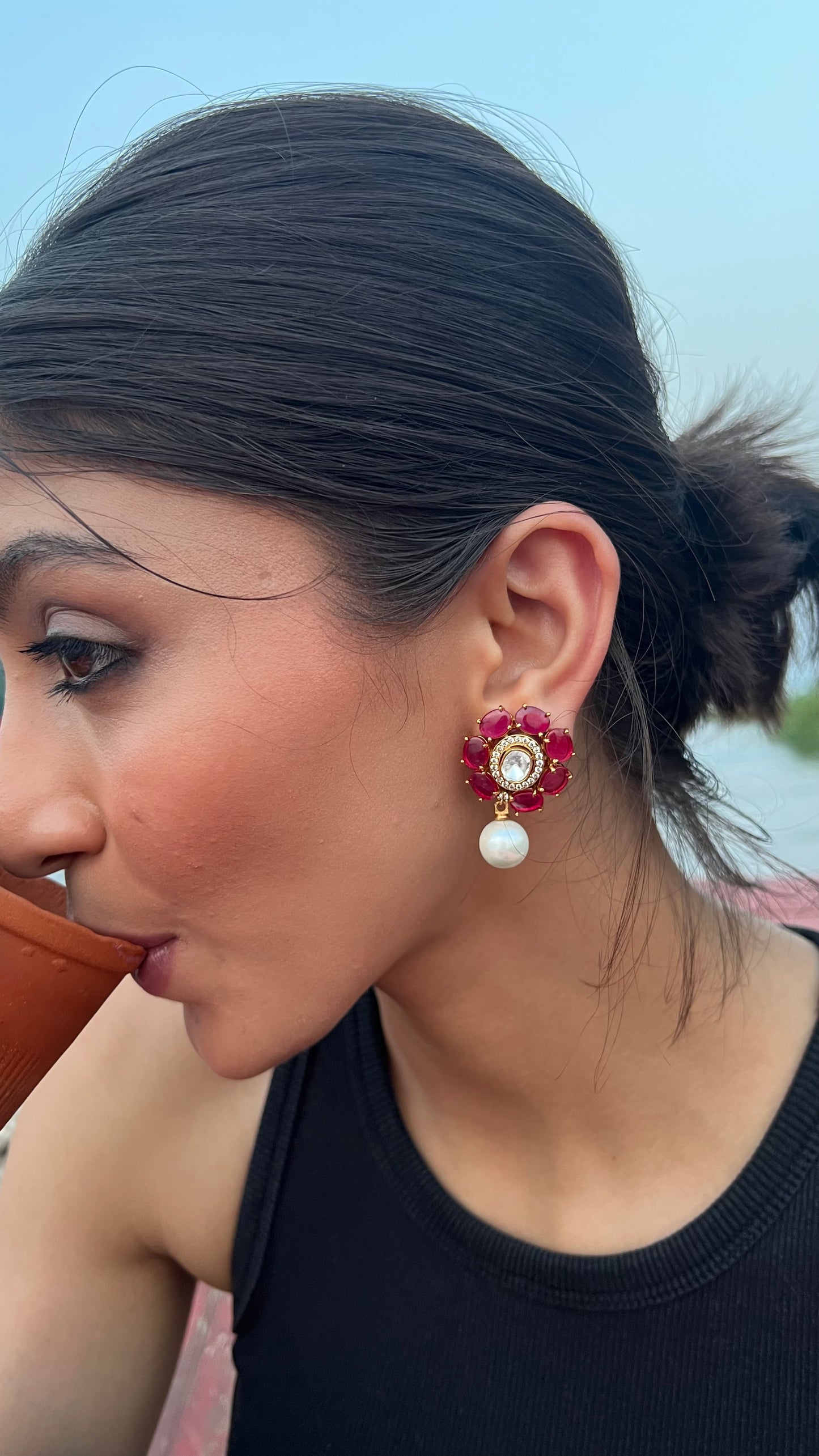 SUHANI ROSE FLOWER POLKI WITH SINGLE MOTI EARRINGS