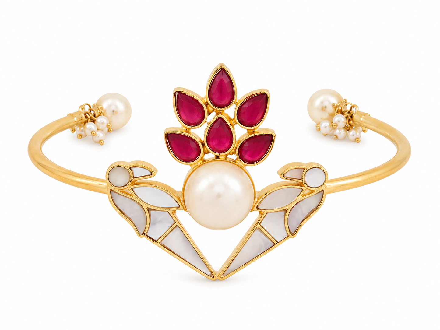 Royal Pearl & Ruby Bird Cuff Bracelet