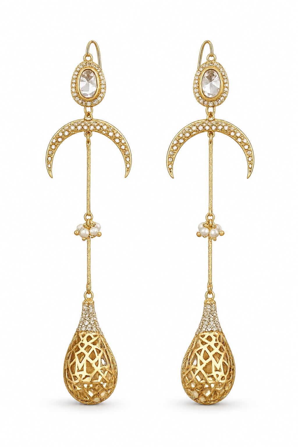 Celestial Crescent Filigree Drop Earrings