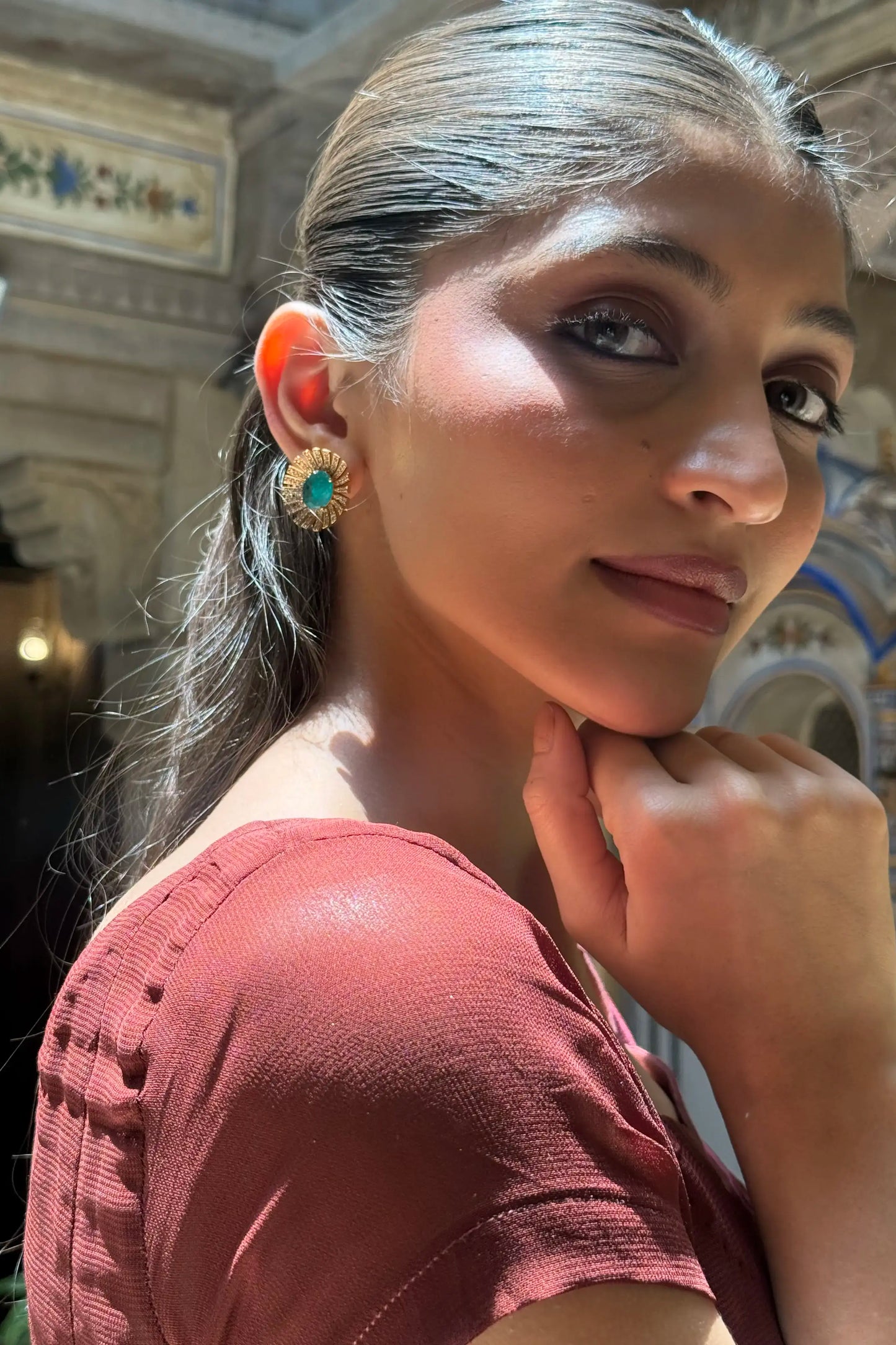 Usha Morning Ray Emerald Polki Stud Earrings