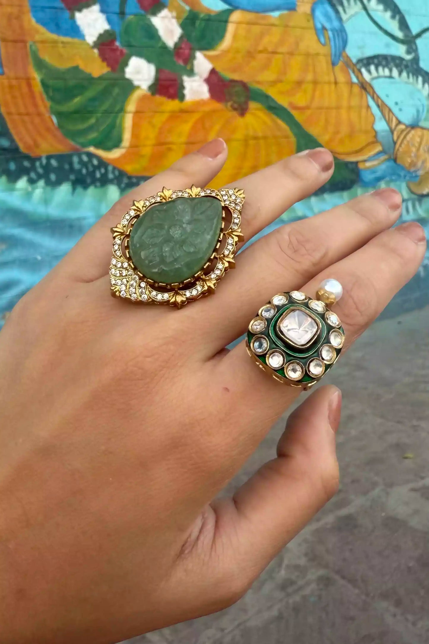 Khushboo Polki Enamel Ring With Pearl Drop