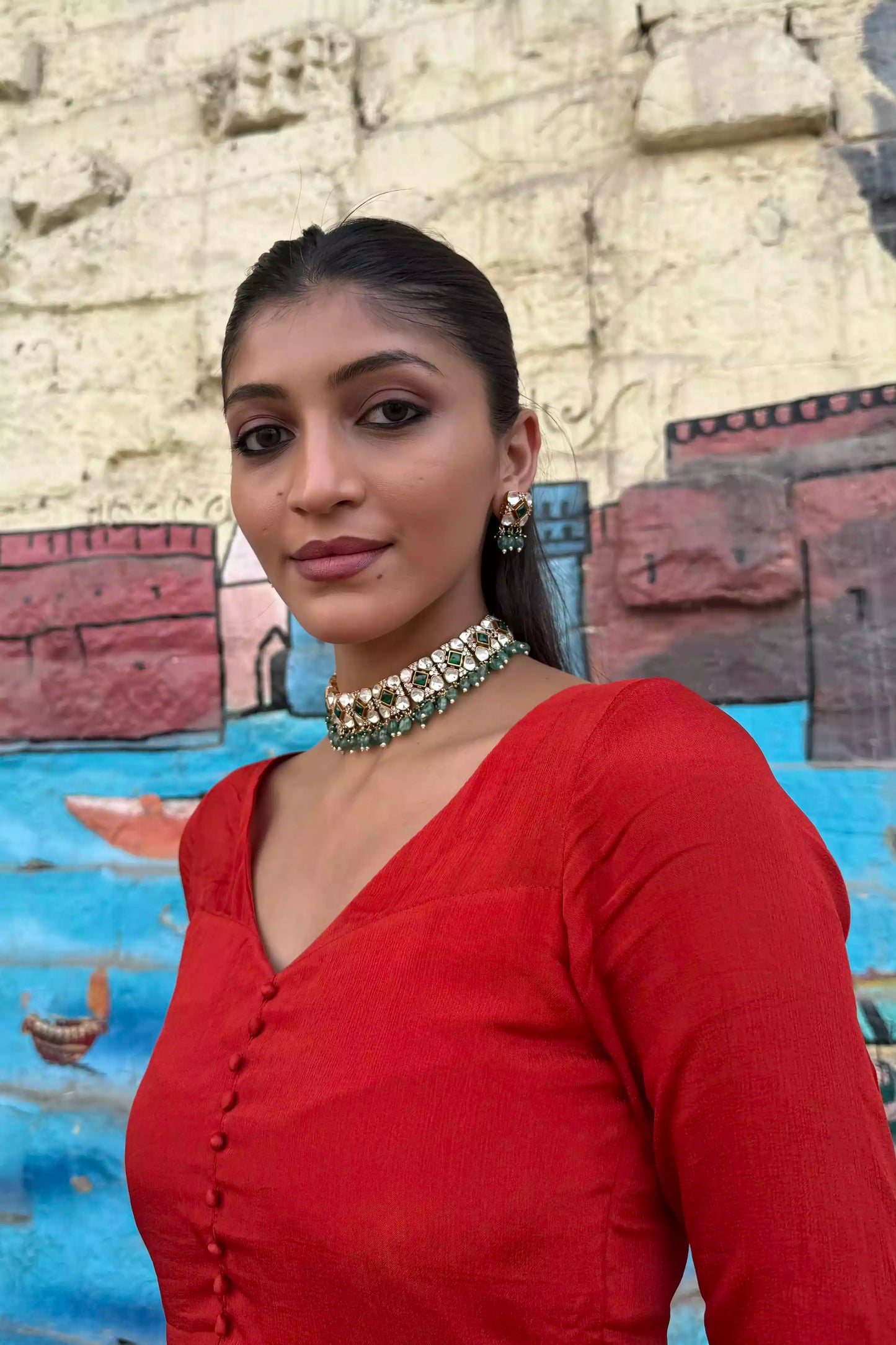 Riva Emerald Kundan Oxidised Choker Set