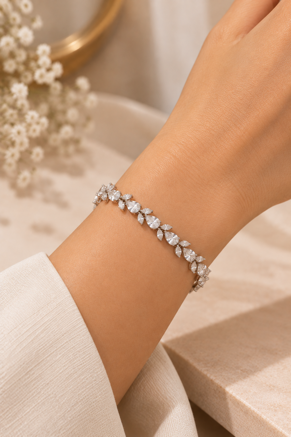 Laurel Silver Tone Pear Cut Diamond Leaf Bracelet