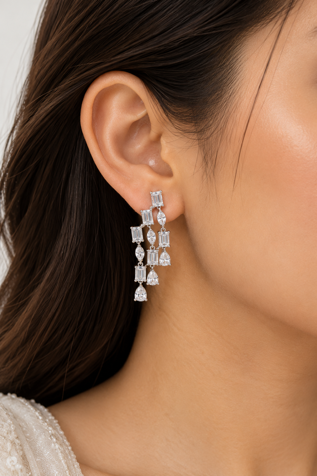 Cascade Edge Emerald Cut Diamond Drop Earrings