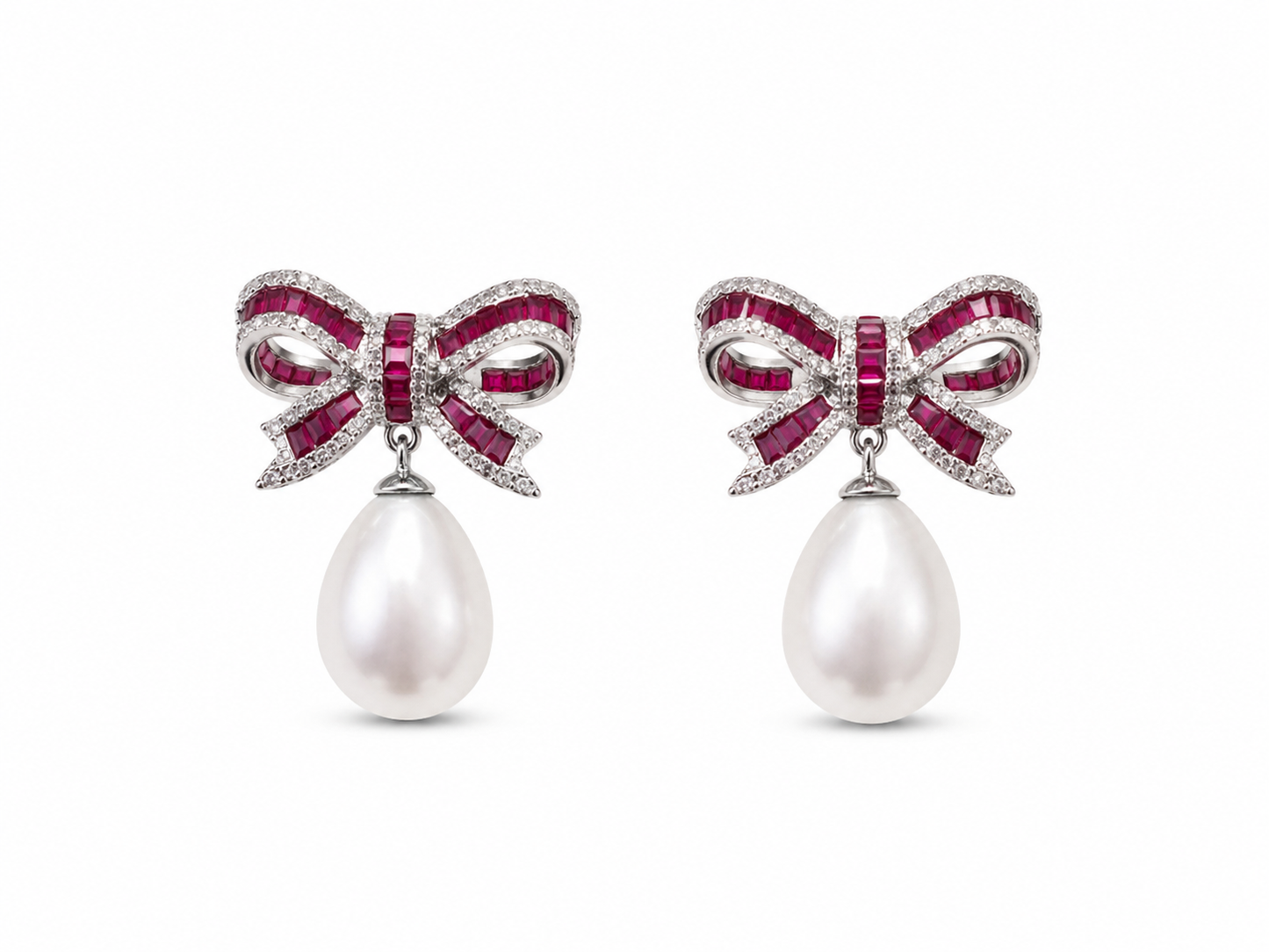 Ruby Bow Pearl Drop Earrings
