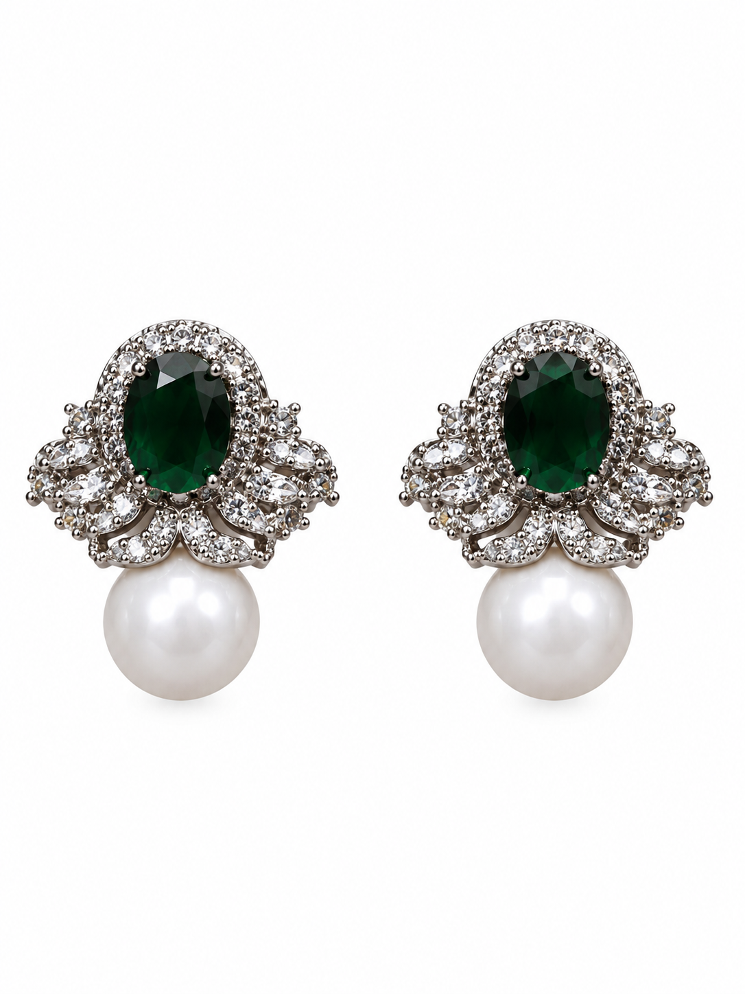 Emerald Green Oval Stone and Pearl Earrings