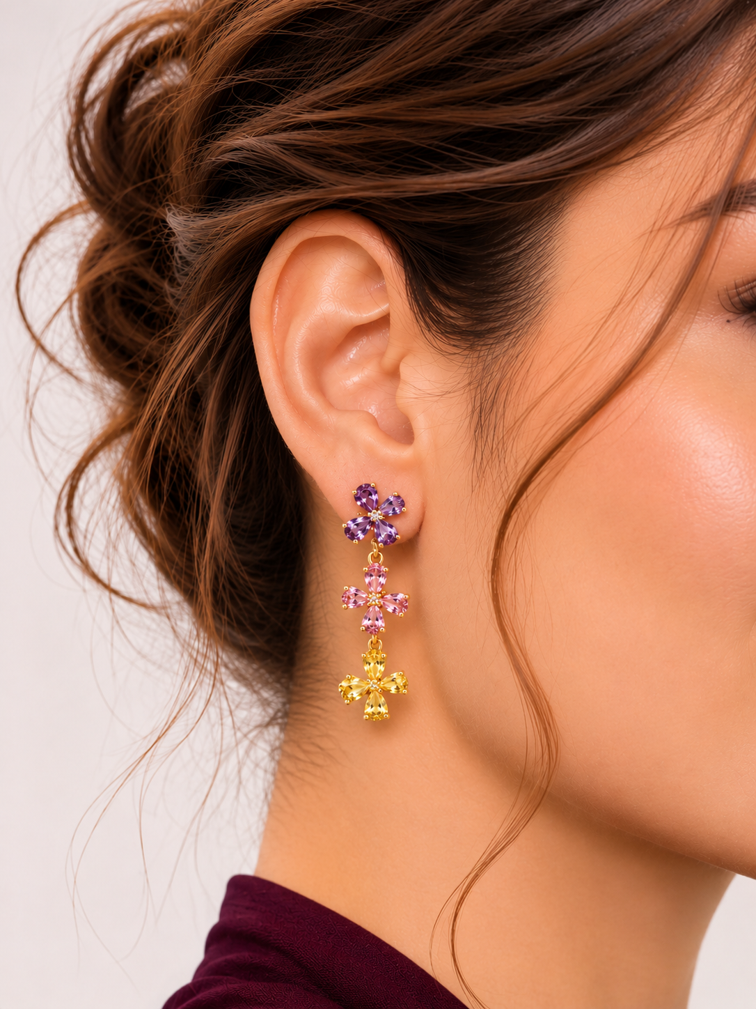 Triple Bloom Multicolor Diamond Flower Drop Earrings