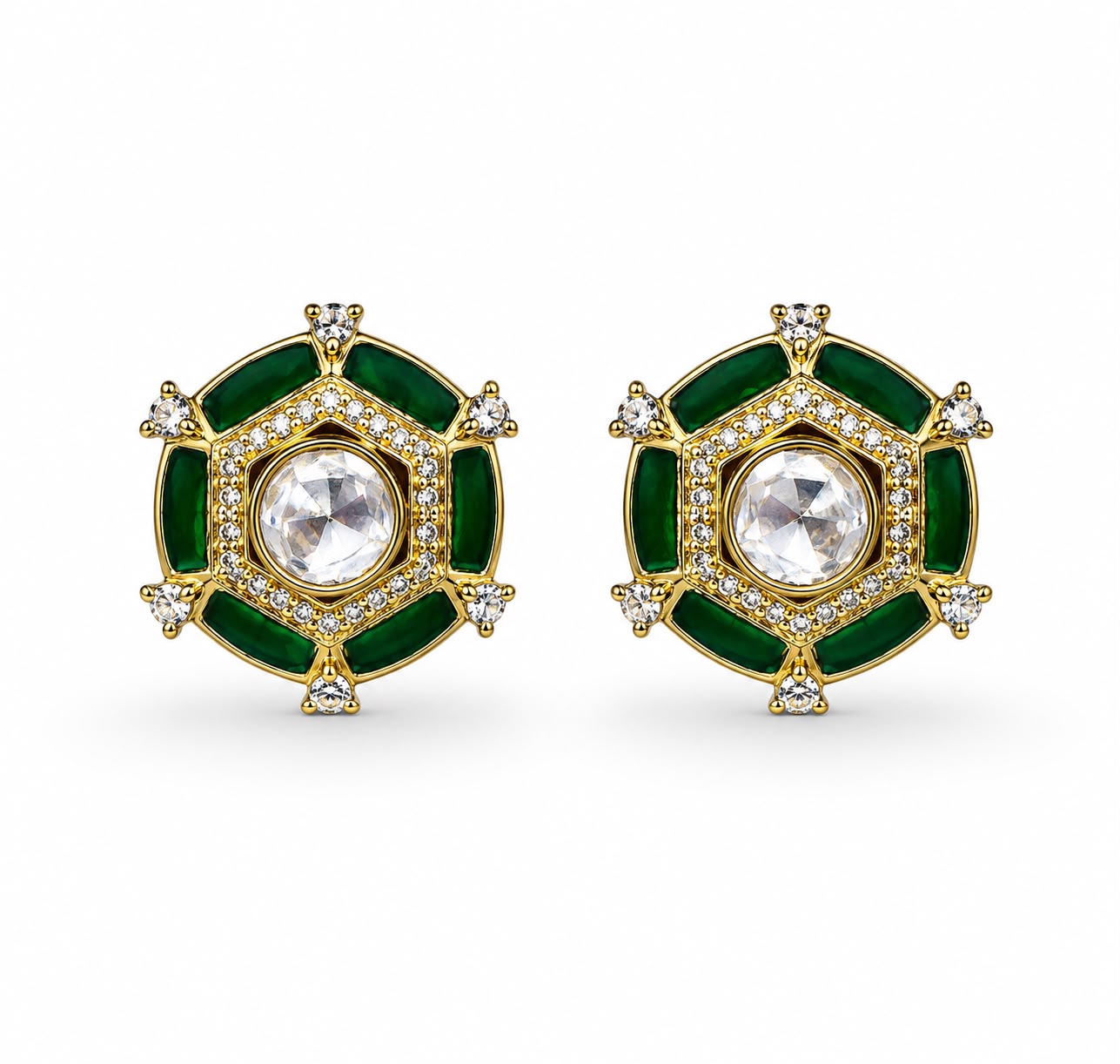 Green Emerald Royale Polki Stud Earrings Gift Box