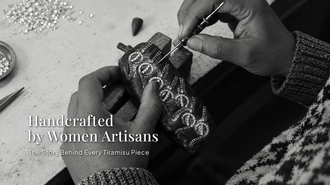 Women artisans in the Tiramisu atelier hand-setting a gold-plated jewellery piece