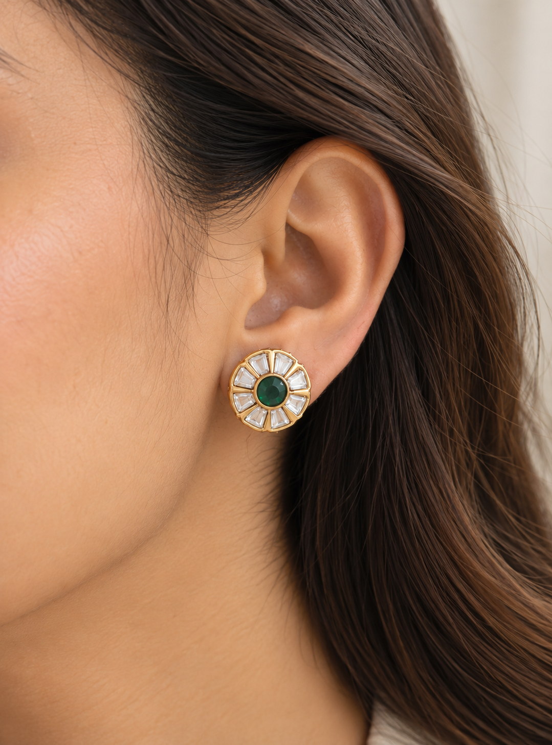 Green Emerald Sunburst Polki Stud Earrings