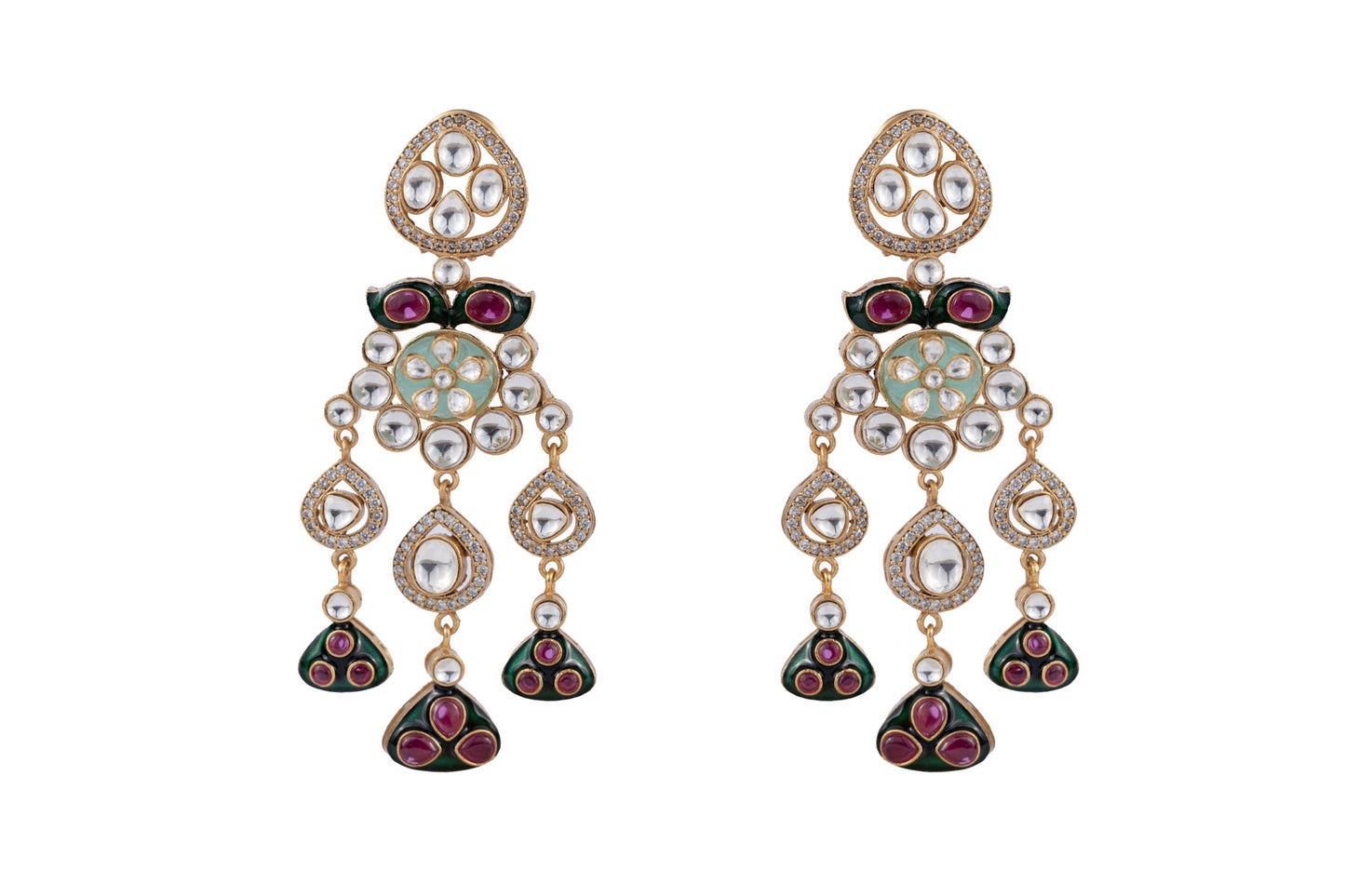 Aisha Bridal Ruby Green Multicoloured Stones SP Polki Earrings with Basra Pearls