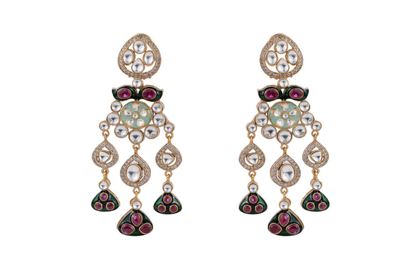 Aisha Bridal Ruby Green Multicoloured Stones SP Polki Earrings with Basra Pearls