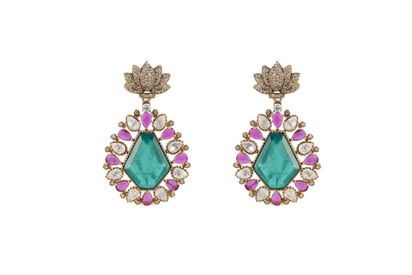 Maanavi Emerald Teardrop Multicolour SP Polki Earrings