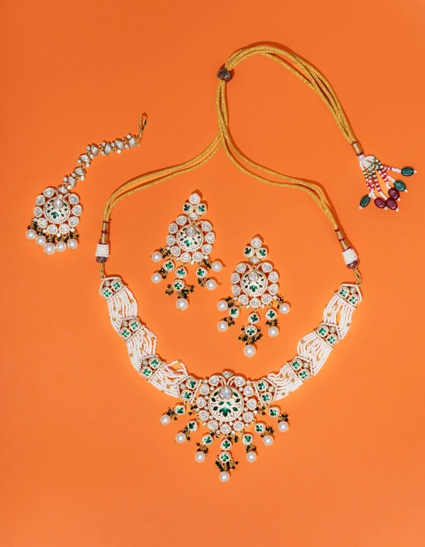 STUNNING FAUX POLKI AND BASRA MOTI CHOKER WITH EARRING SET