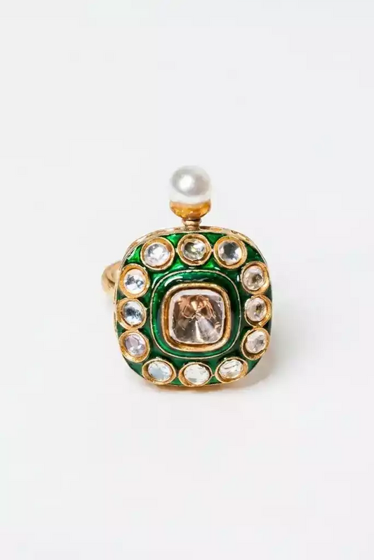 Khushboo Polki Enamel Ring With Pearl Drop