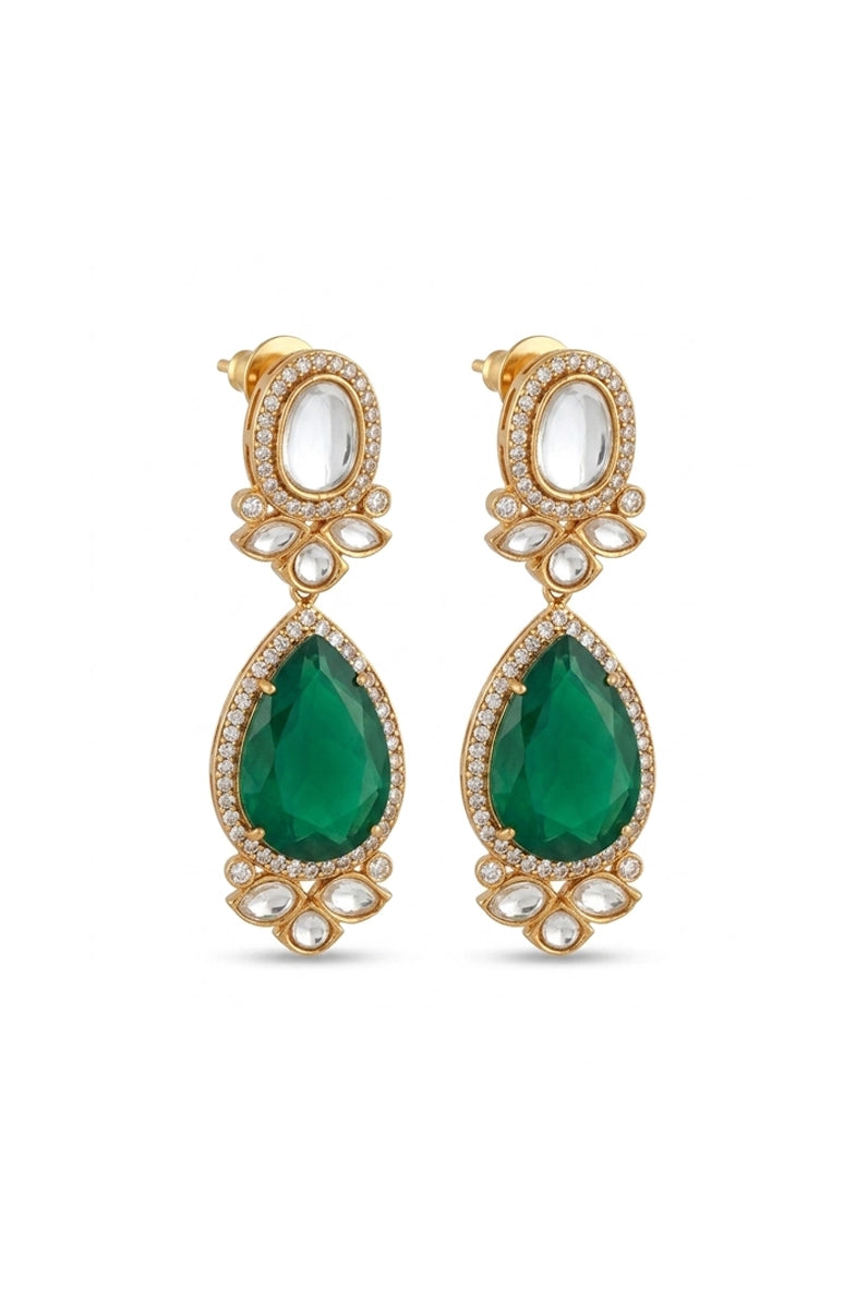 Ananya Green Stone Polki Earrings With Semi-Precious Stone And Basra Moti