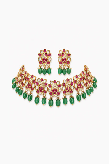 Neela Sacred Vine Emerald Polki Necklace Set
