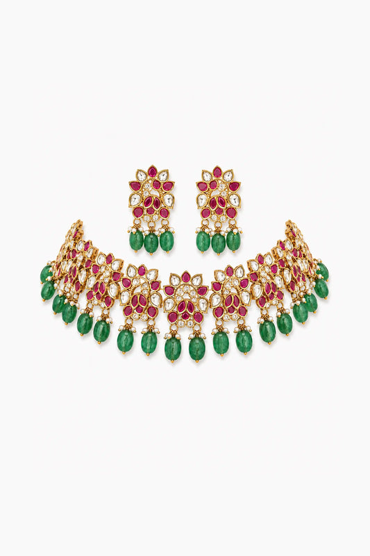Neela Sacred Vine Emerald Polki Necklace Set