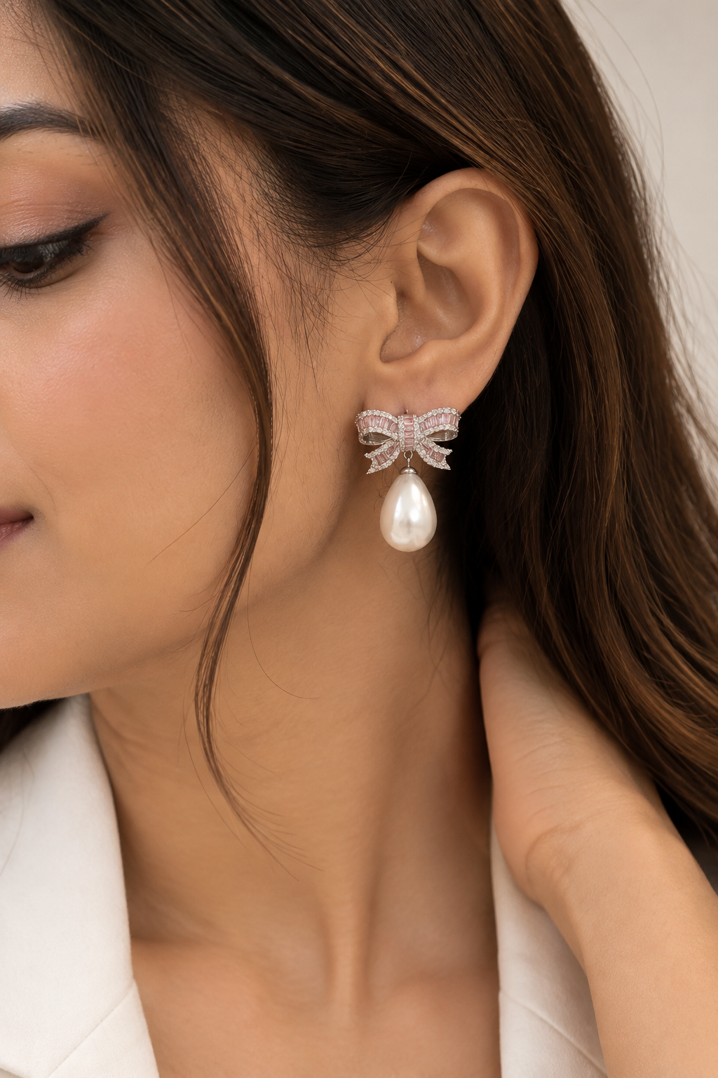 Blush Bow Pearl Drop Earrings