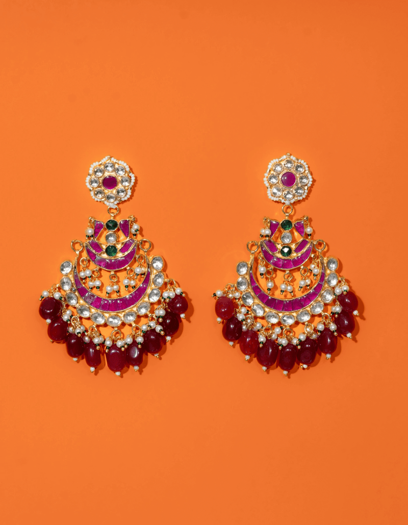 Polki Maroon Stone Chandelier Earrings