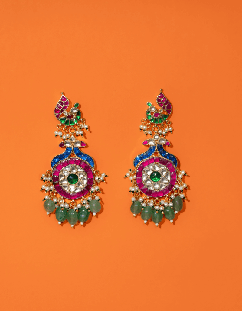 VEIDAHI MULTICOLORED POLKI WITH SEMI-PRECIOUS STONE WITH BASRA MOTI