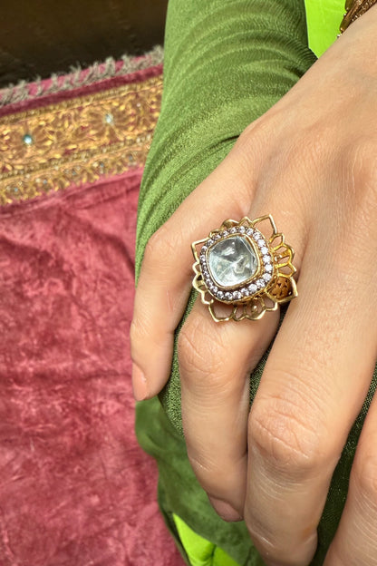 Hitakshi Lotus Polki Pearl Meenakari Cocktail Ring