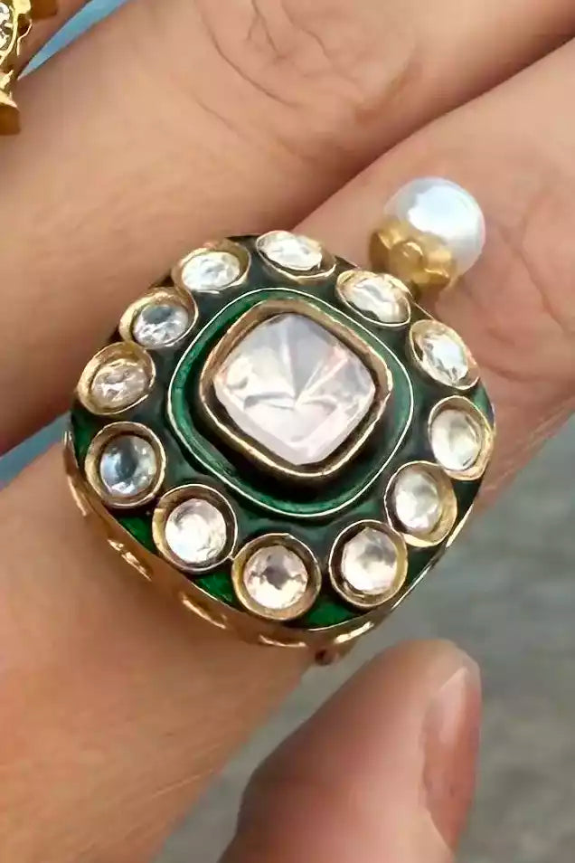 Khushboo Polki Enamel Ring With Pearl Drop
