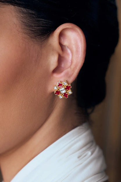 Surkh Polki Meenakari Studs