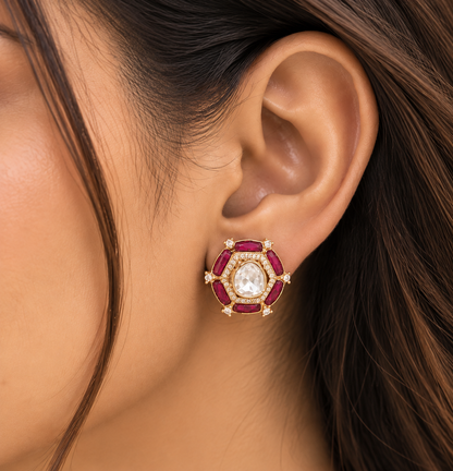 Red Emerald Royale Polki Stud Earrings Gift Box
