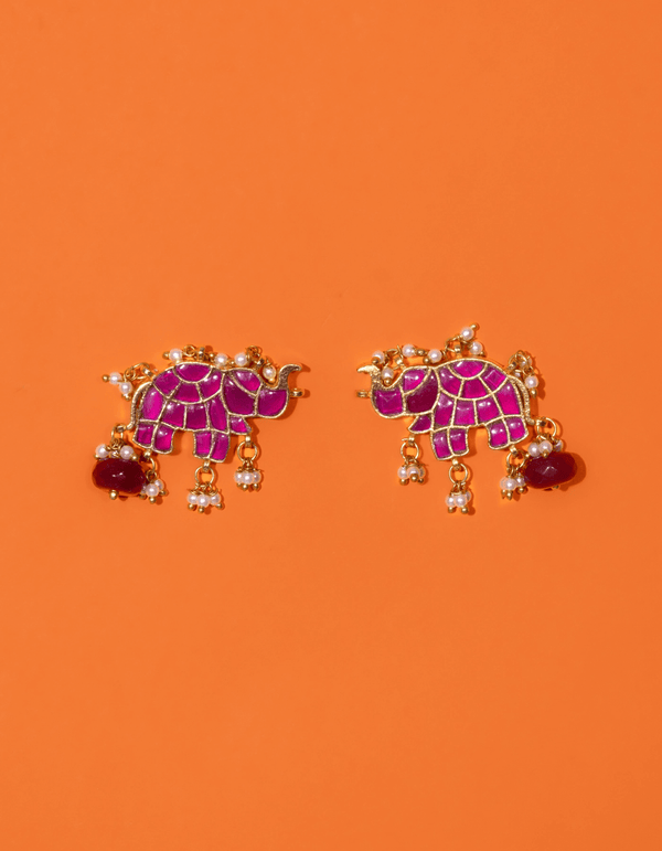 RADHIKA HAATHI SHAPED PINK POLKI WITH SEMI-PRECIOUS STONE WITH BASRA MOTI