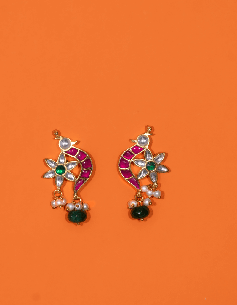 RAI MAYNA SHAPED MAROON POLKI WITH SEMI-PRECIOUS STONE WITH BASRA MOTI