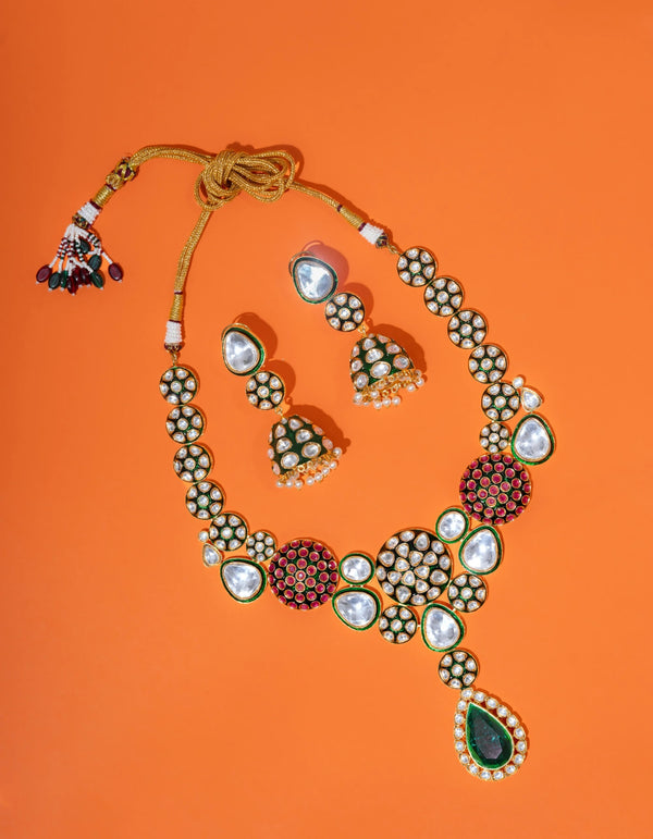 DAINTY POLKI NECKLACE AND EARRINGS WITH SEMI PRECIOUS STONES AND BASRA MOTI