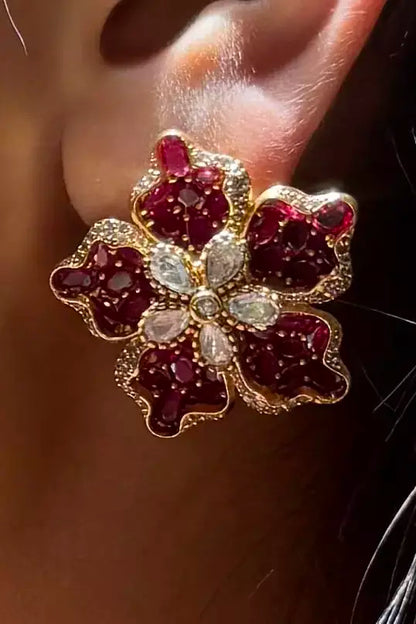 Charmi Crimson Lotus Polki Ruby Stud Earrings