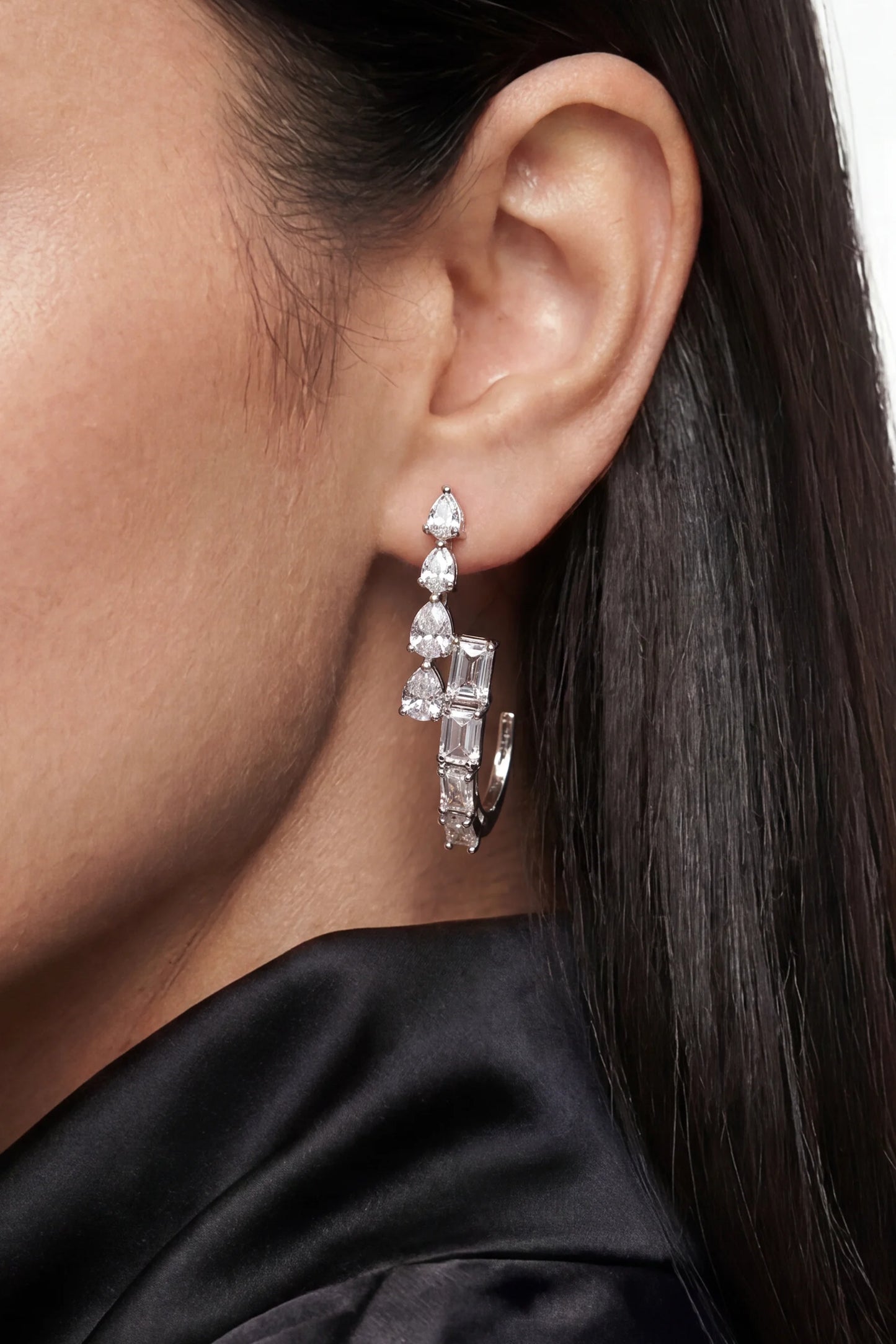 12 PM - High Low Pear & Emerald Diamond Cygnet Earrings