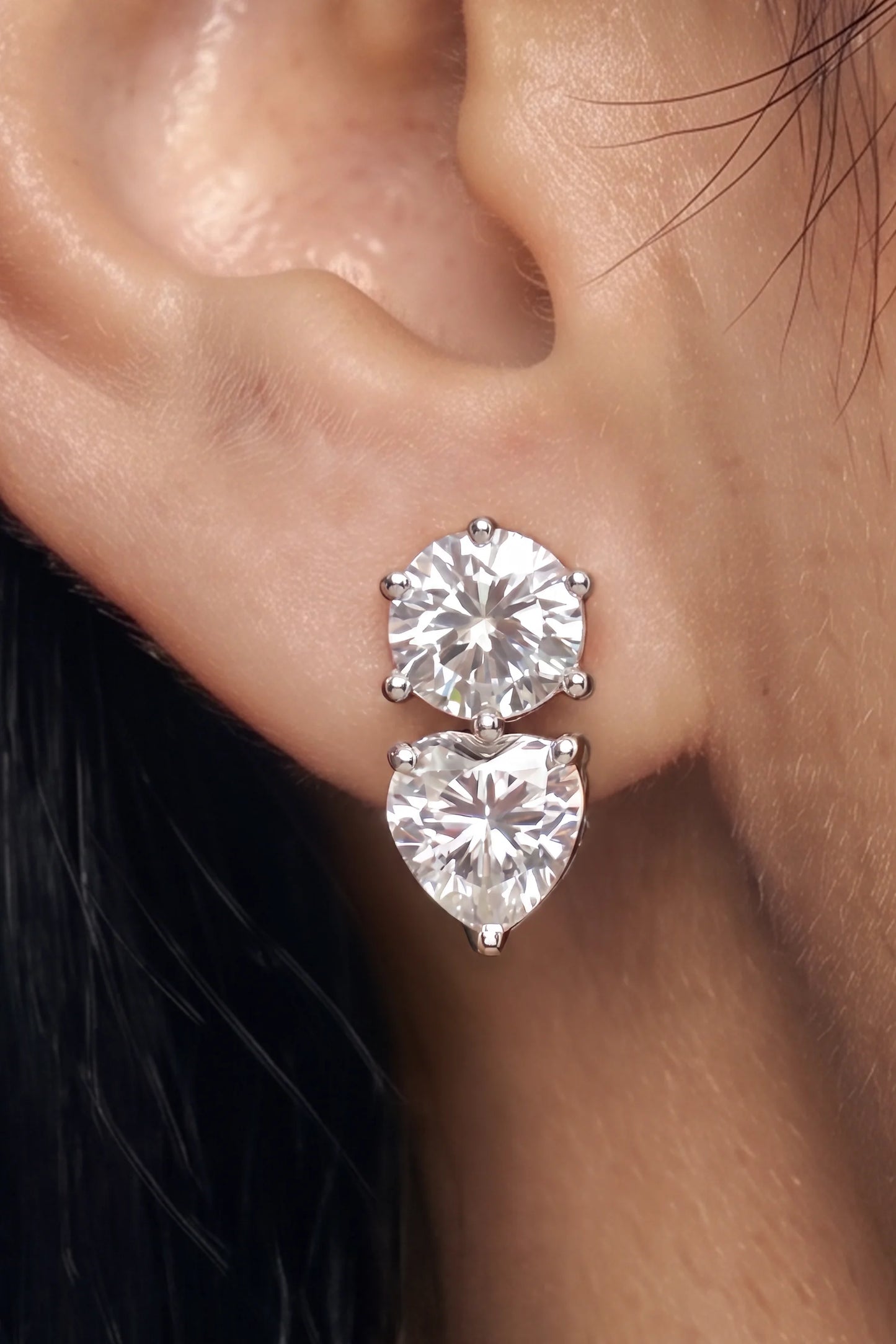 6 AM - Round & Heart Solitaire Dew Drop Cygnet Diamond Earrings
