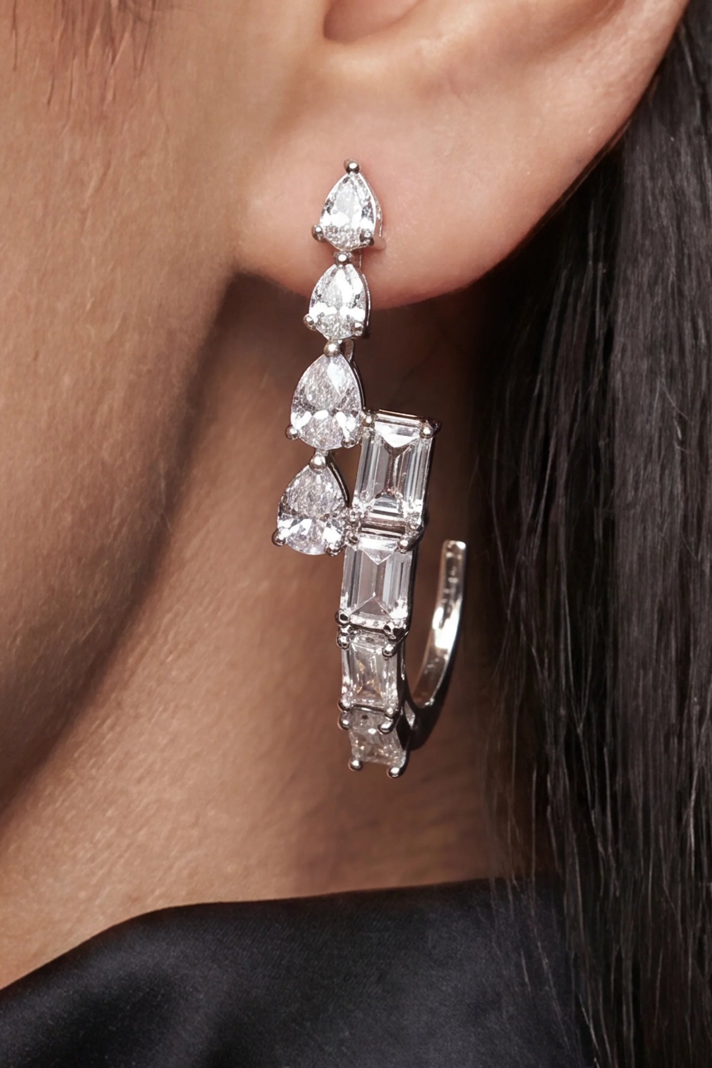 12 PM - High Low Pear & Emerald Diamond Cygnet Earrings