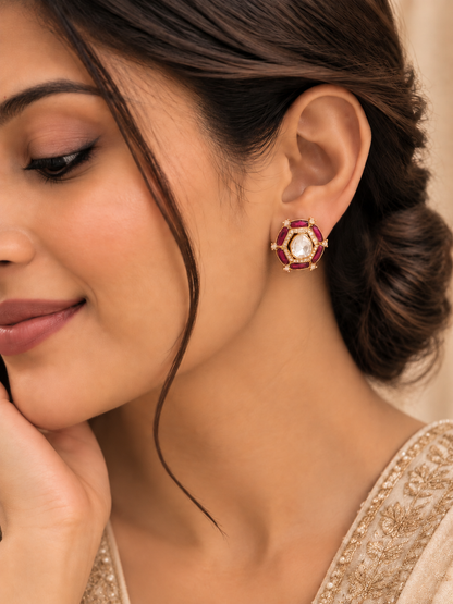 Red Emerald Royale Polki Stud Earrings Gift Box